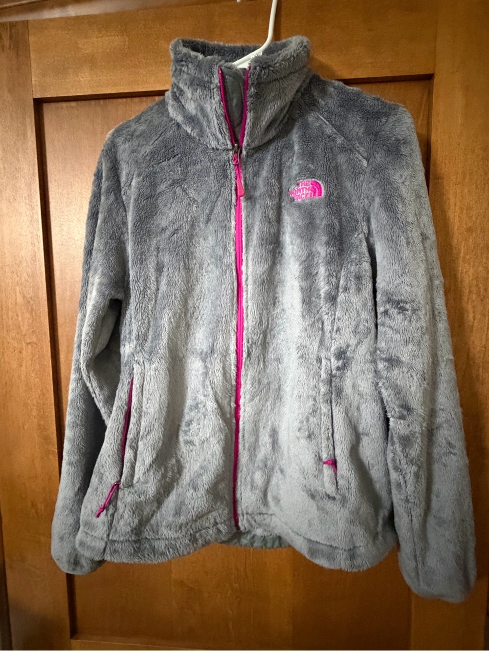 The North Face Women’s Gray Fuzzy Full-Zip Jacket with Pink Trim (M)